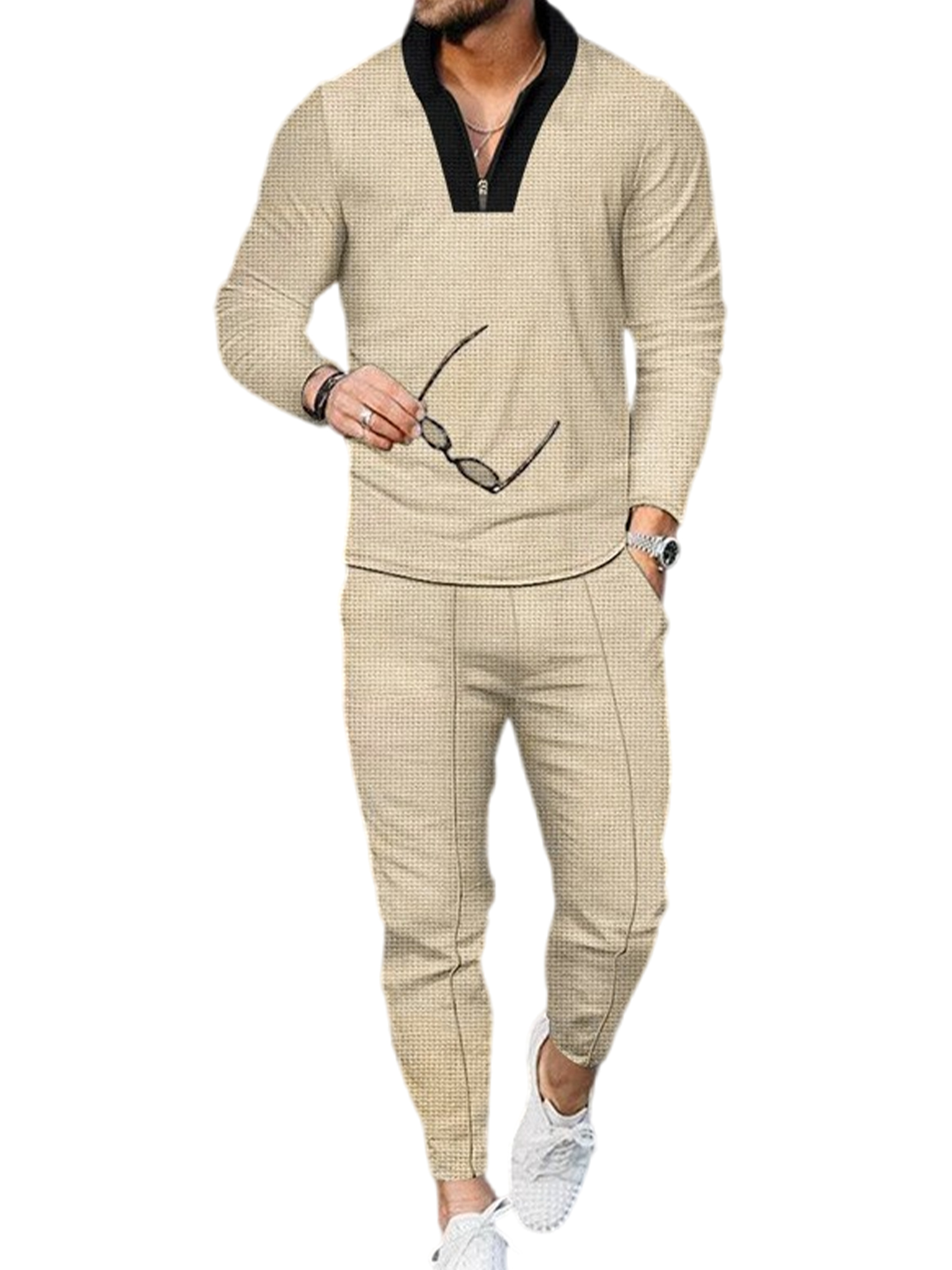 Innerwin Base Layer Suit Elastic Waist Men Tracksuit Sports Stretchy Active Compression Shirt And Pant Set Khaki 2XL