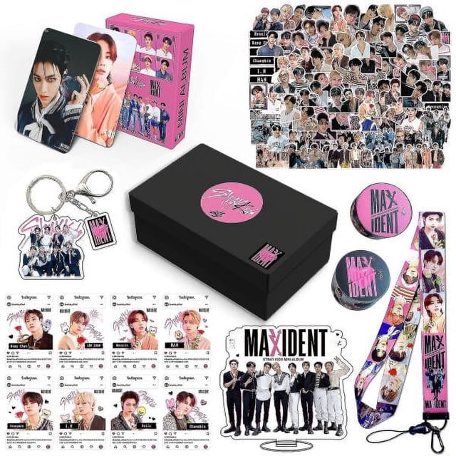 Stray Kids New Album Maxident Gift Box Set featuring Kpop merchandise for fans, including 93 laptop stickers, 55 lomo cards, 8 transparent cards, 2 tape stickers, 1 keychain, 1 stand sign, and 1 ID card badge holder lanyard. The set is presented in a black box with a pink Maxident logo and includes items suitable for collecting, decorating, or gifting. Dimensions: 6.1 x 3.9 x 2 inches, weight: 296g.