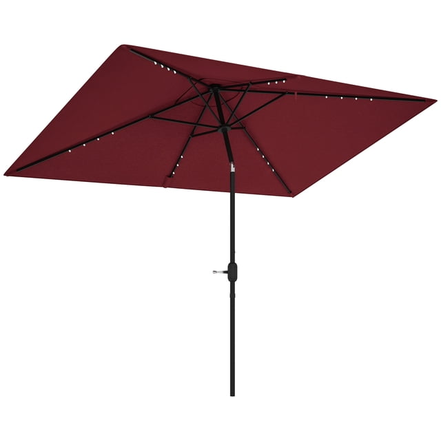 Outsunny Solar Patio Umbrella with LED and Tilt in wine red, featuring a rectangular canopy made of 180 gsm polyester fabric supported by a steel frame. The umbrella includes 22 solar-powered LED lights along the ribs for evening use, an adjustable tilt mechanism for sun protection, and a crank handle for easy opening and closing. Dimensions are 9.7 feet long, 6.2 feet wide, and 8.4 feet high. The vented canopy design enhances wind stability, and the two-section pole allows for convenient transport.