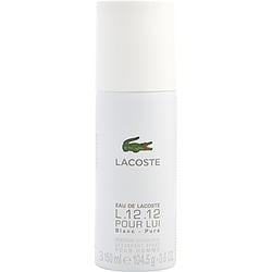 Lacoste Eau De Lacoste L.12.12 Blanc By Lacoste Pure Deodorant Spray 3.6 Oz. A sleek white cylindrical bottle featuring the Lacoste logo and text detailing the product name. This refreshing deodorant spray offers a blend of grapefruit, cardamom, rosemary, tuberose, ylang-ylang, vetiver, suede, leather, and Virginia cedar, ideal for casual use. Designed for women, it provides a light, oriental, and woody fragrance.