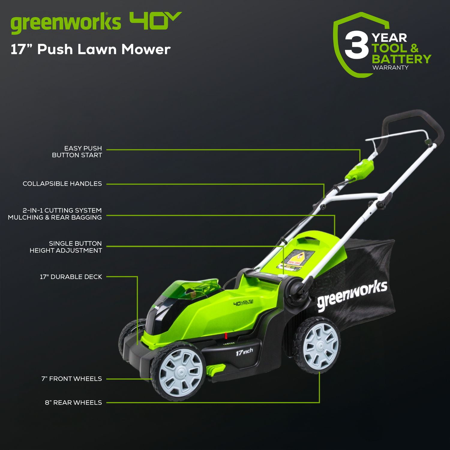 Greenworks 40V 17-Inch Lawn Mower, Battery and Charger Not Included