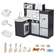 Qaba Play Kitchen, Kids Kitchen Playset with Microwave Fridge, Dark Brown