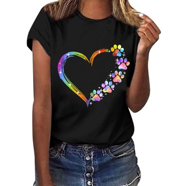 T-shirts pour Femmes Tendance Été Décontracté Imprimé Col Rond Manches Courtes T-Shirt Haut pour Femmes Décontracté Été Noir G