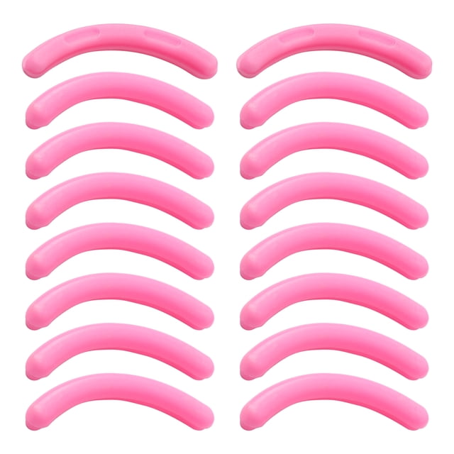 Unique Bargains 16 Pcs Rubber Eyelash Curler Refill Cushion Pad Replacement in pink, made of soft silicone with a contoured design for gentle use on lashes and eyelids. Ideal for beauty tools and eyelash accessories, compatible with most curlers. Includes 16 pads for long-lasting use.