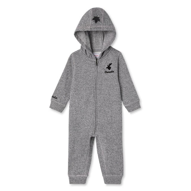 Canadiana infants' gender inclusive romper in grey fleece knit with a hood featuring a black maple leaf emblem, long sleeves with ribbed cuffs, full-zip front closure, and black Canada text on the chest and sleeve, designed for babies 0-24 months to stay warm indoors or outdoors.