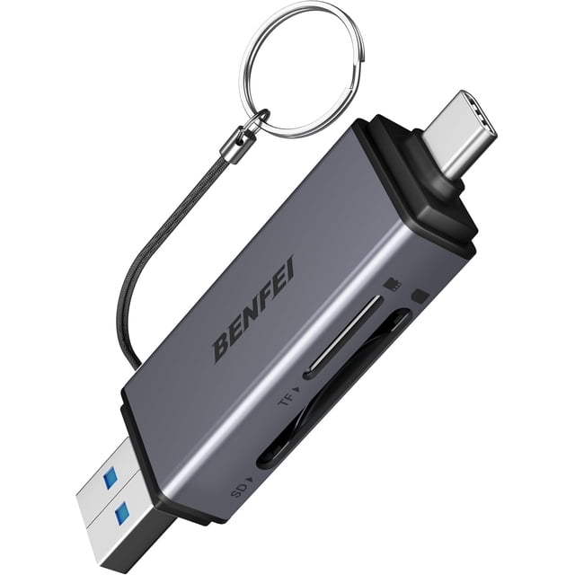 BENFEI SD Card Reader, USB C to SD Micro SD Card Memory Card Adapter Dual Slot, designed for high-speed data transfer up to 104MB/sec. Features dual slots for SD and Micro SD cards, USB Type-C and USB 3.0 connectors, and Thunderbolt 3 compatibility. Compact metallic design with a keychain attachment for portability. Ideal for laptops, smartphones, and tablets.