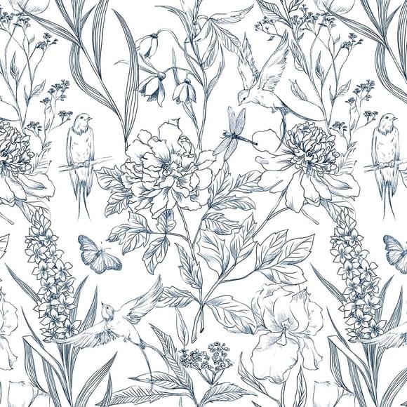 Peel and Stick Wallpaper, Blue Floral Bird Wallpaper, Contact Paper for Batheroom Walls Cabinets, Vinyl Waterproof Wallpaper,Self-Adhesive Wallpaper, 17.3"x78.7", CA.L5200-1-2