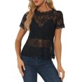 thumbnail image 1 of INSPIRE CHIC Haut en Dentelle Florale Transparente pour Femmes à Manches Courtes Froncées avec Bord Festonné Noir TP, 1 of 5