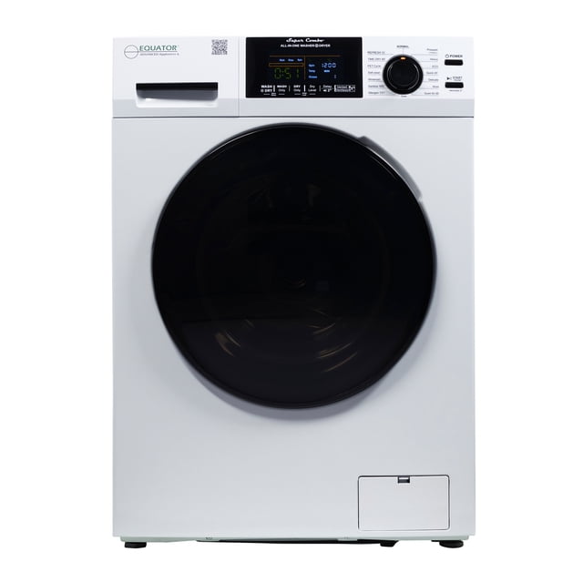 Equator All-in-One Washer Dryer VENTLESS/VENTED PET cycle 1.62cf/15lbs 110V. A front-facing view of a compact washer-dryer combo with a sleek white exterior and a black circular door. Features include a 1.62 cubic foot capacity, convertible venting or ventless drying, and a specialized pet cycle for removing embedded pet hair. The LED display and touch-button controls are visible, along with a stainless steel drum designed for durability. Ideal for apartments, RVs, and small spaces.