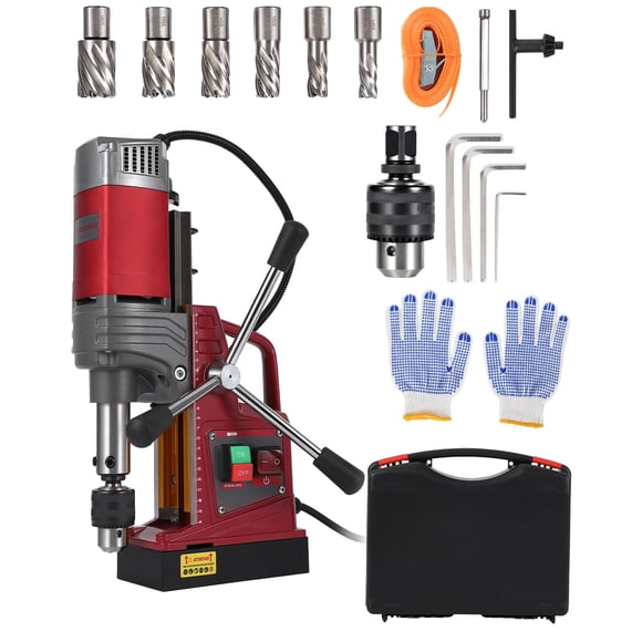 Presse-perceuse Magnétique Portable avec Adaptateur à 6 Embouts d'Évidage 1,57 Po Diamètre d'Alésage 1450 W 820 Tr/min 13000 N Guide à Double Queue d'Aronde Ensemble de Perceuse Électrique pour Perçage en Acier Métallique Fer