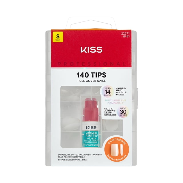 KISS 140 Ongles - Vie Ordinaire, Blanc, Carré, Court, 140 Ct Ongles Carrés Blancs à Presser à Couverture Complète avec Colle pour Ongles à Vitesse Maximale Incluse dans un Emballage en Plastique Transparent, Offrant des Ongles Durables Pré-Buffés Compatibles avec Plusieurs Adhésifs pour jusqu'à 14 Jours de Port, Convenant à des Manucures d'Apparence Naturelle à la Maison Ou pour un Usage Professionnel.