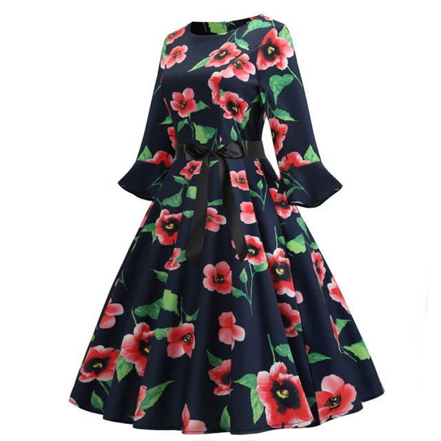 Pompotops Robe en Dentelle à Manches Longues Imprimé Floral Col Rond pour Femmes
