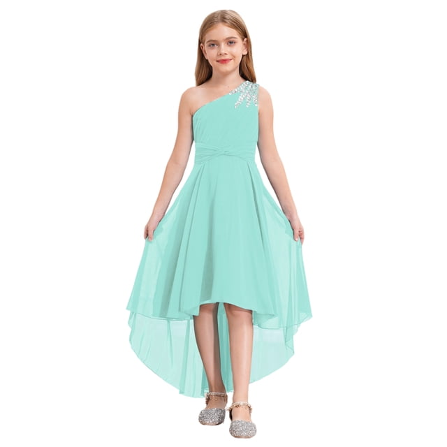 Manyakai Robe à une Épaule pour Filles, Ourlet Haut-Bas, Robe de Princesse à Volants, Taille Haute, Robe de Danse de Soirée Vert Menthe 10