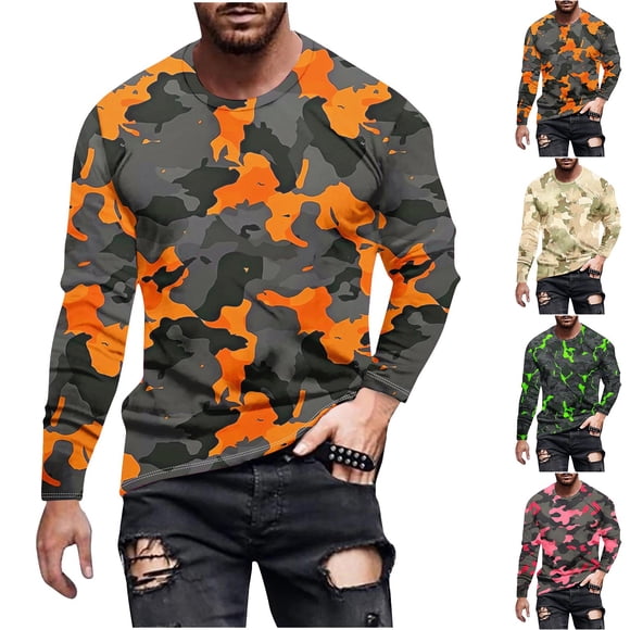 UVEASISHA Camo Graphic Tees for Men Long Sleeve Crewneck Camouflage T-Shirts Big and Tall Casual Loose Workout Shirt Soft Stretchy Gym Athletic Tops Sales Today Pink XXL