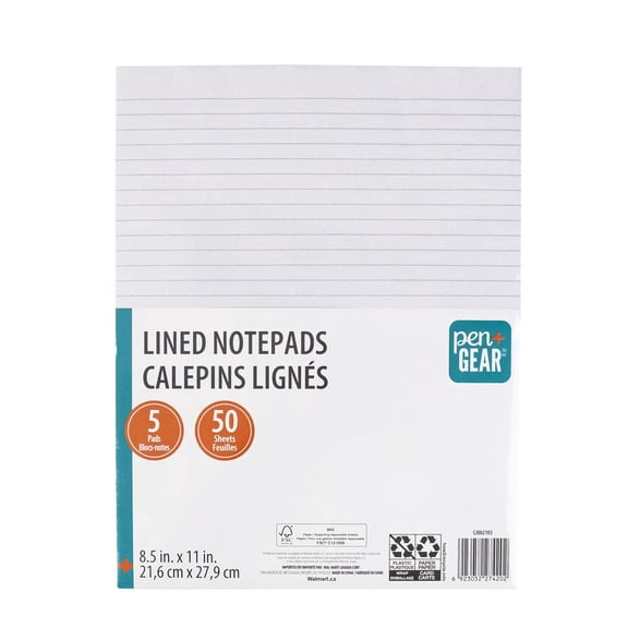 Bloc-notes PEN+GEAR, 5 unités, format lettre, ligné, blanc