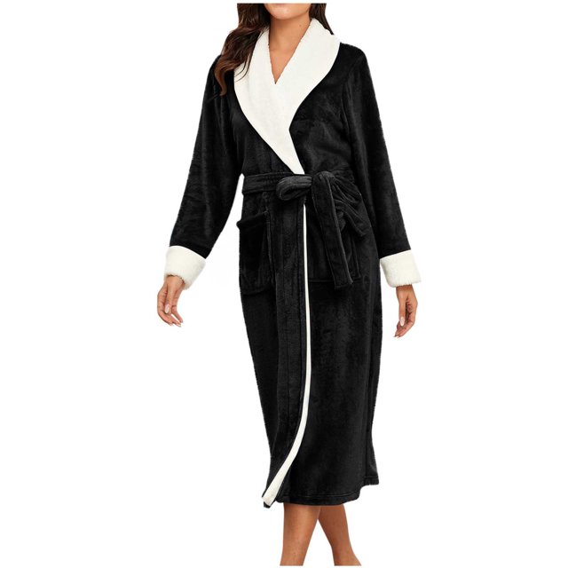 Penkiiy Womens Plush Soft Robe Warm Fleece Shawl Collar Bathrobe Fluffy Long Robes with Pockets S Black