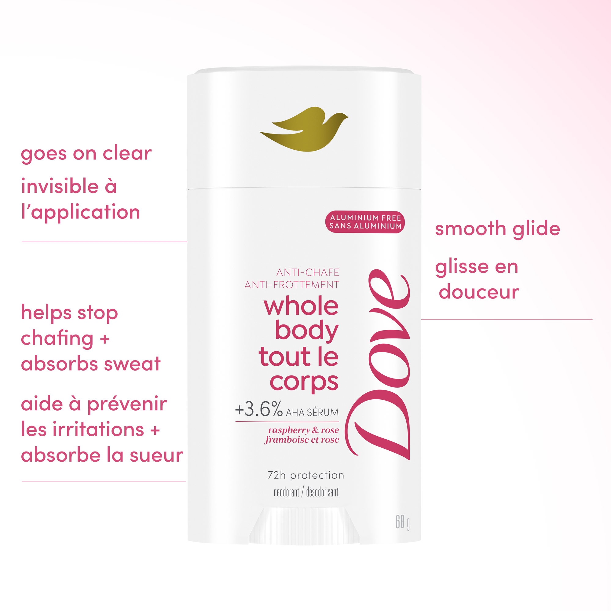 Dove Désodorisant en Bâton pour Tout le Corps Sans Aluminium Framboise et Rose, 68 g