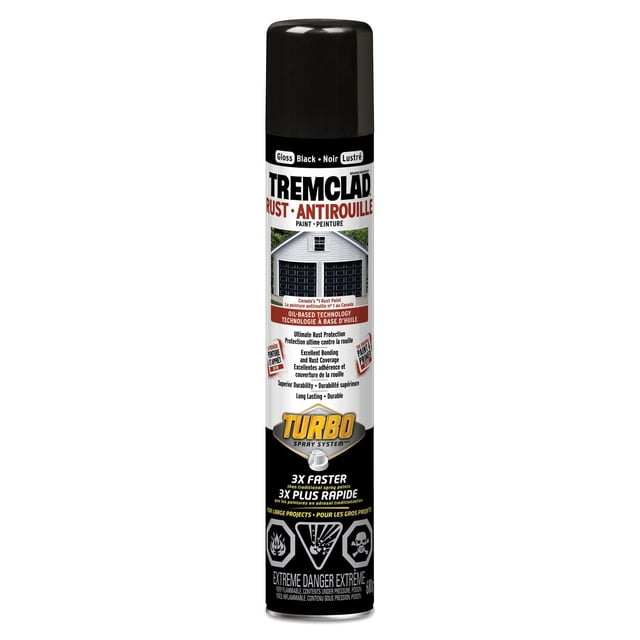 Tremclad Turbo Gloss Black 680g spray paint can with oil-based rust protection and turbo spray system for 3x faster application, ideal for large outdoor metal projects like fences, sheds, and garage doors, featuring a glossy black finish and durable long-lasting formula.