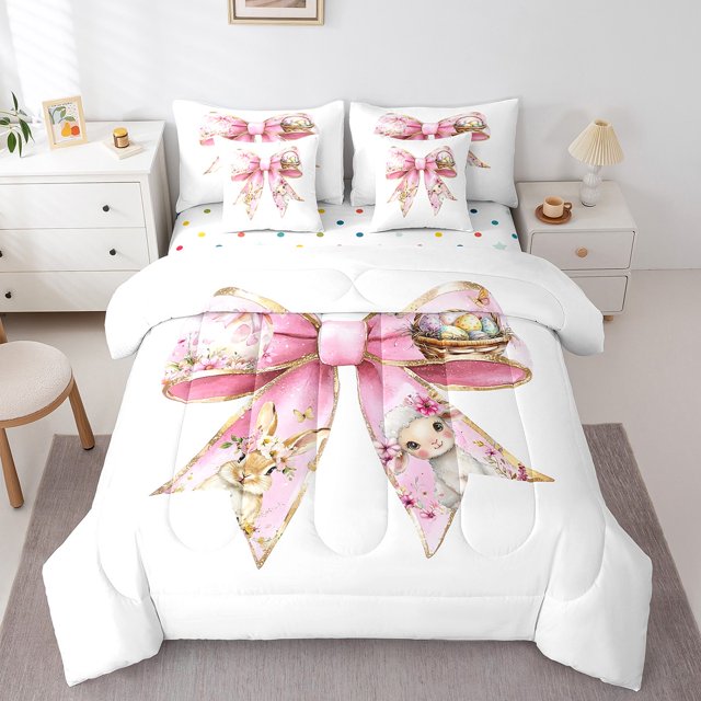 Erosebridal Kawaii Bowknot Bedding Queen Size,Cartoon Sheep Rabbit Bedding Sets Queen Size,Floral Decor,Reversible,Lightweight,7pcs