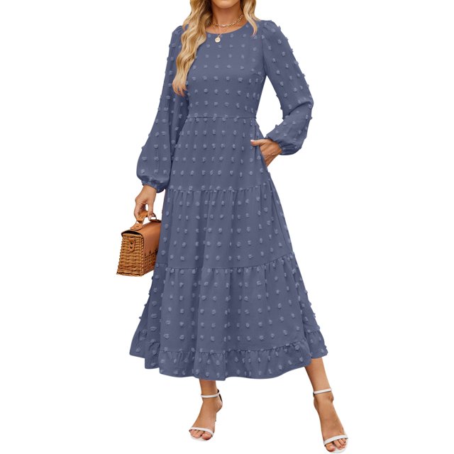 Gspmoly Robes d'Été pour Femmes 2025, Robe Élégante et Décontractée à Manches Longues et Col Rond pour Femmes, Robes de Cocktail Économies d'Été