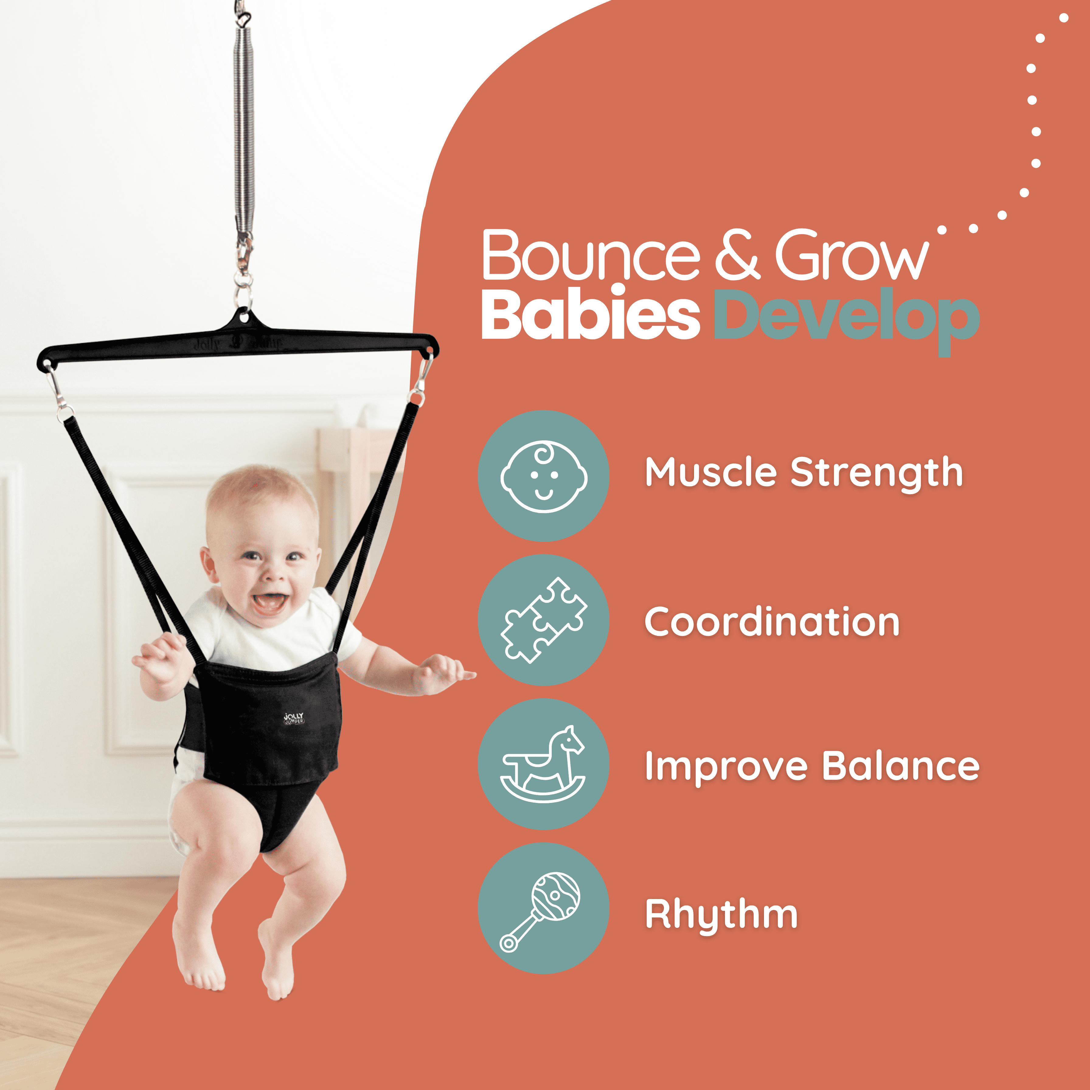 Jolly Jumper Classic with Portable Stand – Black Saddle | Indoor & Outdoor Baby Exerciser | Foldable Frame, Spring Action, Posture Support