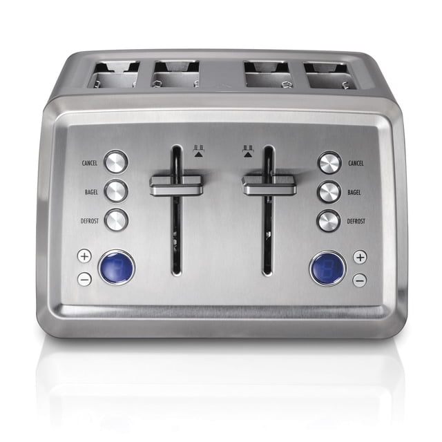 Hamilton Beach Grille-pain Numérique 4 Tranches en Acier Inoxydable avec Fentes Extra Larges, Leviers Doubles, Affichages Numériques pour Réglages de Brunissage, et Boutons pour Annuler, bagel, Décongélation, Amplification du Brunissage et Plateau à Miettes Coulissant sur Fond Blanc, Convient pour Griller Divers Pains et Articles Surgelés.