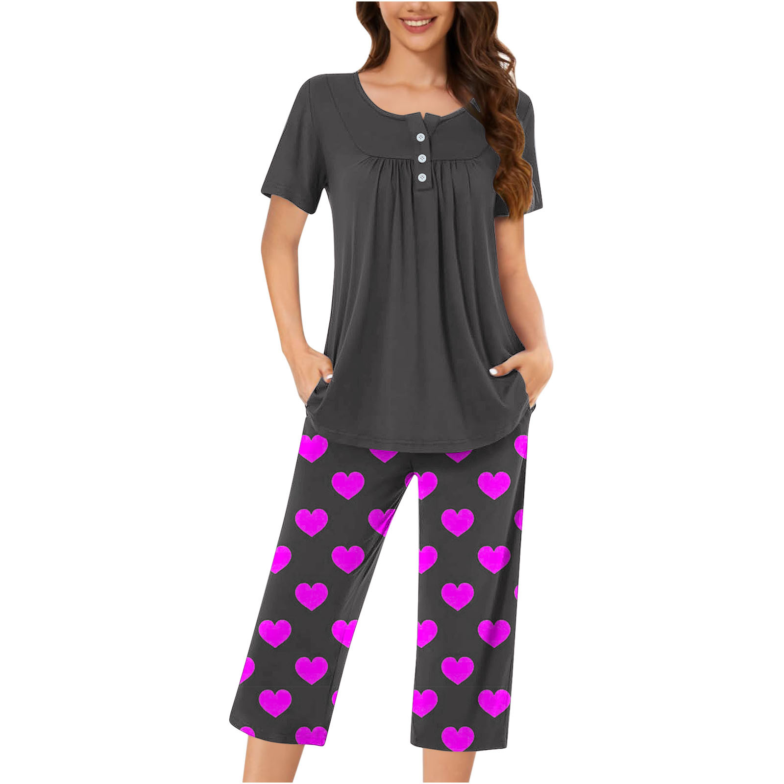 Timegard Ensembles Lounge pour Femmes Col Rond Manches Courtes Haut Plissé Pantalon Capri à Imprimé avec Poches Tenues de Pyjama Confortables