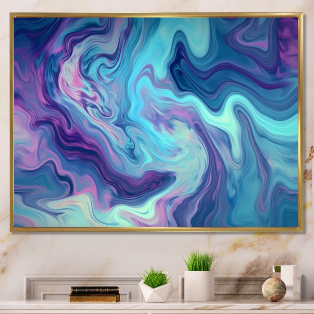 Designart Abstract framed wall art decor, Abstract framed wall art Print, Marble Fusion in Turquoise and Purple I , Turquoise Large Modern Gold framed wall art, 32x24 inches Gold Frame