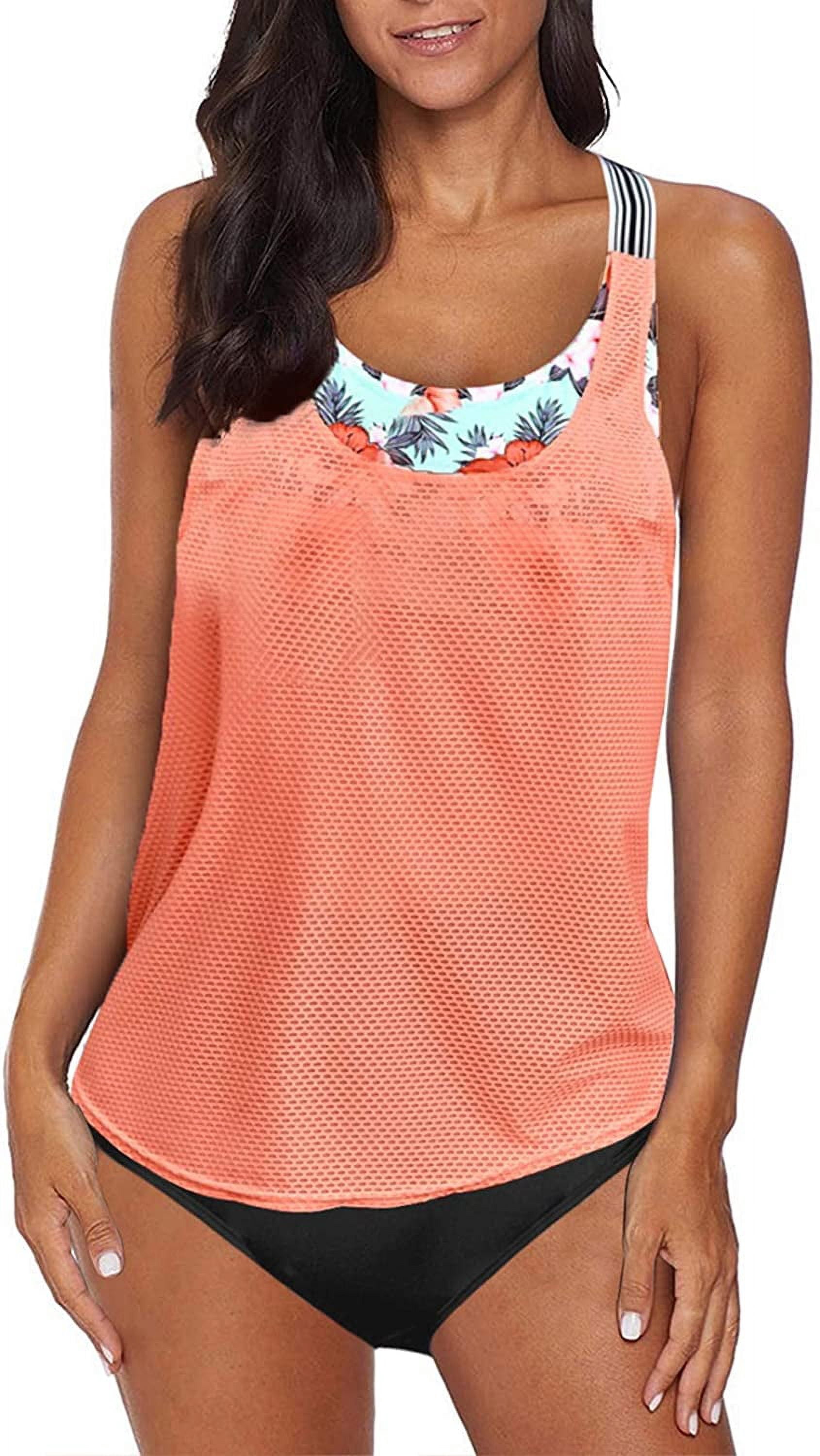 Tankini Deux Pièces pour Femmes à Rayures Blouson Imprimé, Dos en T à Bretelles, Rehausseur, Haut de Tankini avec Bas