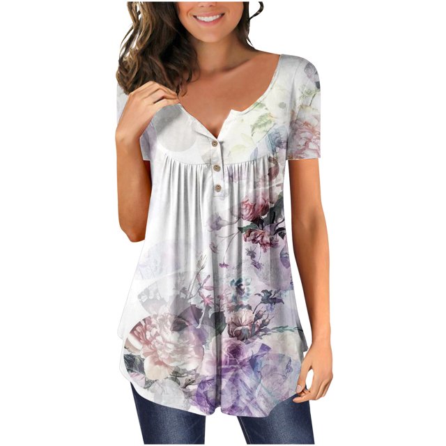 Tuniques pour Femmes à Manches Courtes Mode pour Femmes Col en V Tuniques à Imprimé Floral Boutons T-shirt à Manches Courtes