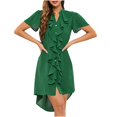 thumbnail image 2 of Pisexur Robe à Manches Courtes à Col en V pour Femme Été Couleur Unie Bouton Mode Feuille Grand Lien Manches Courtes Col en V Robe Femme, 2 of 9