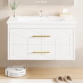 thumbnail image 1 of Modern Floating Bathroom Vanity – 30 Inch Wall Mounted Cabinet with 2 Large Soft-Close Drawers, Gold Handles, Ceramic basin, Easy Assembly – White, 30 inches, 1 of 6