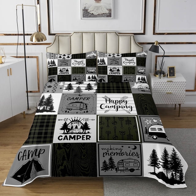 YST Camper Quilt Set For Bunks,Happy Camping Queen Coverlet Set For Travel Trailers Rustic Farmhouse Buffalo Plaid Bedspread Set Rv Accessories For Inside,Adventure Camper Bedding Set