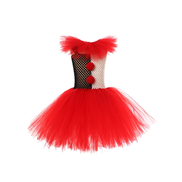 SUNSIOM Déguisements d'Halloween pour Fille Enfant Clown Robe de Cosplay Tulle Tutu Clown Robe Chapeau Gants Bas Ensemble de Fête