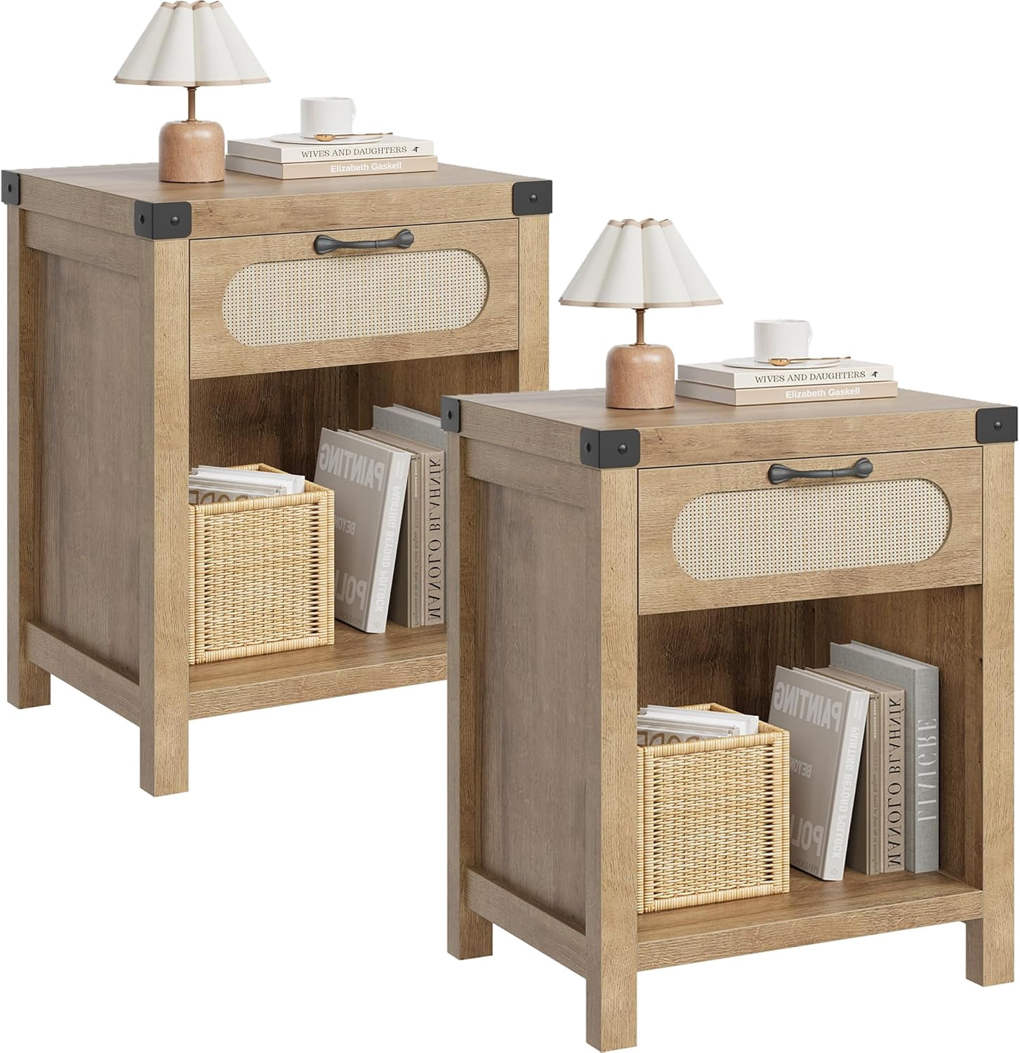 Rattan Night Stands Set of 2, Farmhouse Bedside Table, Night Stand with Drawer and Open Shelf, Boho End Table for Living Room, Bedroom, Natural