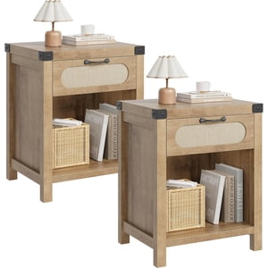 Rattes de nuit Rattan Ensemble de 2, Ferme Table de chevet, Stand de nuit avec tiroir et plateau ouvert, Boho Table de fin pour salon, Chambre, Naturel