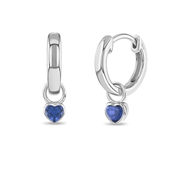 Boucles d'Oreilles Créoles pour Filles en Argent Sterling 925, Petite, Cœur en Saphir Simulé avec Breloque