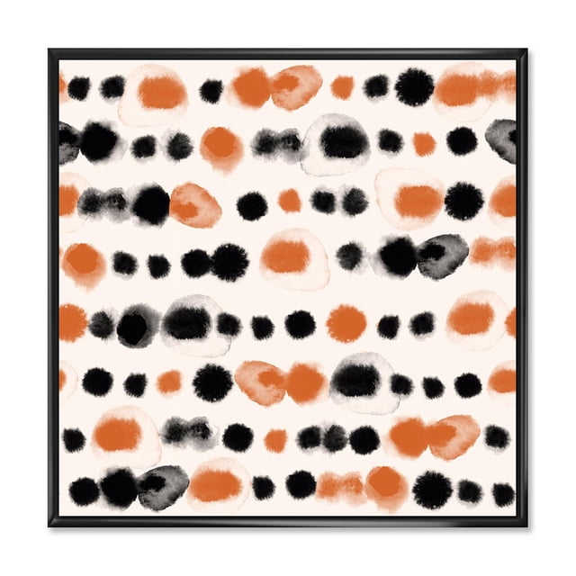 Designart Cadre Mural Flottant à Pois Noirs et Orange ART avec des Pois Aquarelle Abstraits Noirs et Orange sur Toile de Coton Blanche de Qualité Supérieure, Enveloppé et Tendu sur un Cadre en Bois Flottant Noir de 1 Po, Prêt à Accrocher et Adapté à la Déco Maison Moderne.