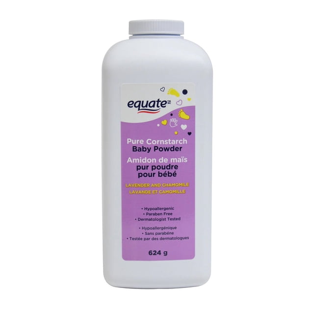 Equate Pure Cornstarch Baby Powder Lavender and Chamomile in a white plastic bottle with a purple label featuring yellow baby footprints and hearts, hypoallergenic, paraben free, dermatologist tested, 624 g, formulated to keep baby's skin dry and comfortable.