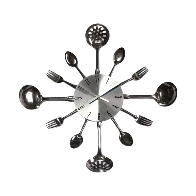 Transemion Kitchen Iron Wall Clock 3D Removable Spoon Clocks Cookware Hanging Ornament Quartz Living Room Hotel Home Decor Silver