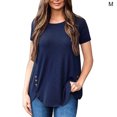 thumbnail image 2 of Femmes T-shirt Couleur Unie Haut Bouton Rond T-shirt Femmes Col Rond Chemisier à Manches Courtes, Bleu Foncé, M, 2 of 5