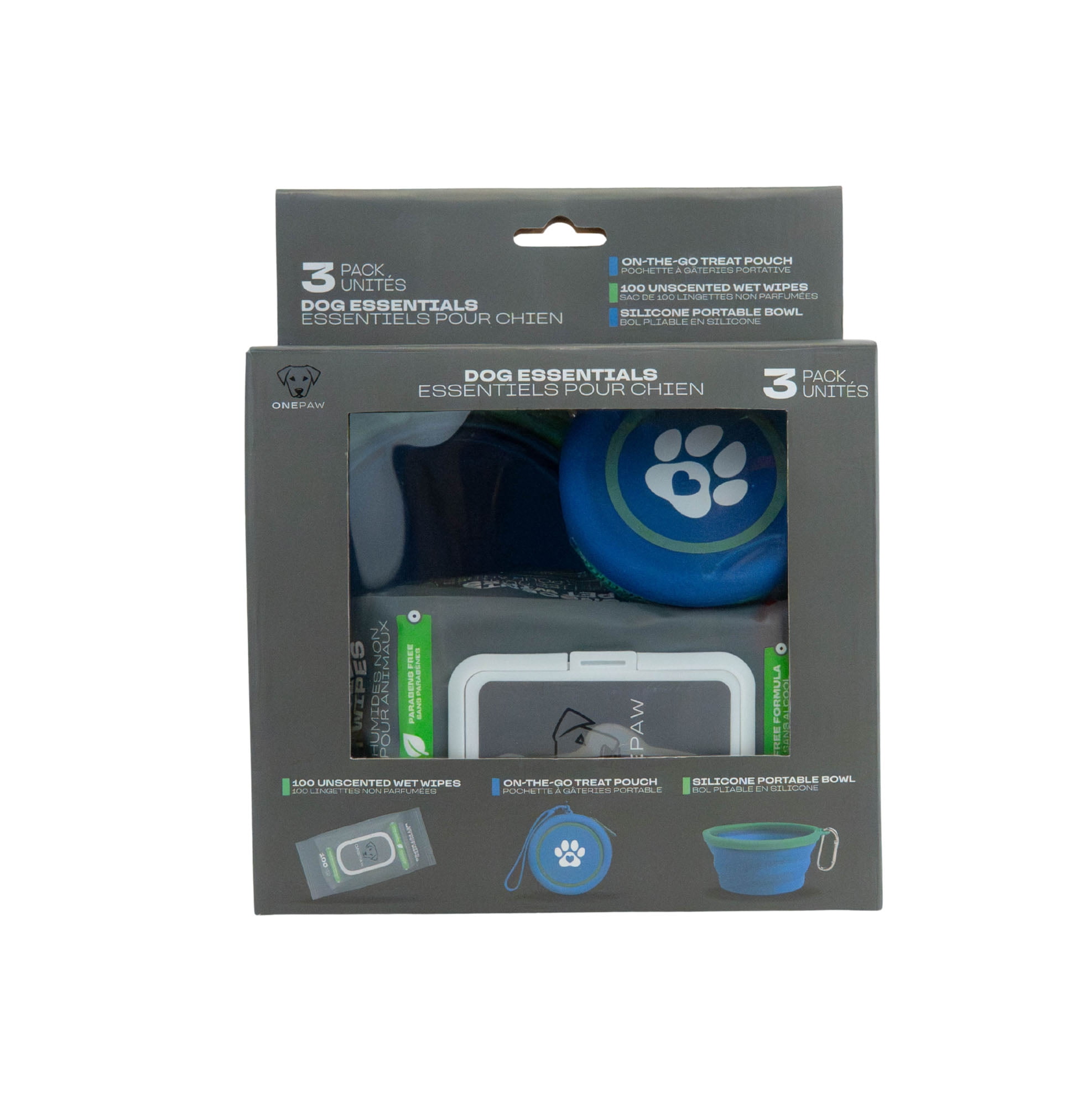 One Paw , Ensemble Essentiel de Promenade pour Chien 3 Pcs avec Lingettes, Bol Pliable en Caoutchouc et Porte-Gâteries pour Chiens