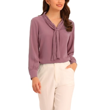 INSPIRE CHIC Women's Long Sleeve Blouses Chiffon Pleated Tie Neck Office Top Shirt S Mauve