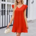 thumbnail image 1 of Robes pour Femmes 2024 Été Surdimensionnée Tempérament Douce Col en V Manches Bouffantes Couleur Unie Robe Confortable Robe Courte Rabais de 50 % Liquidation!, 1 of 7