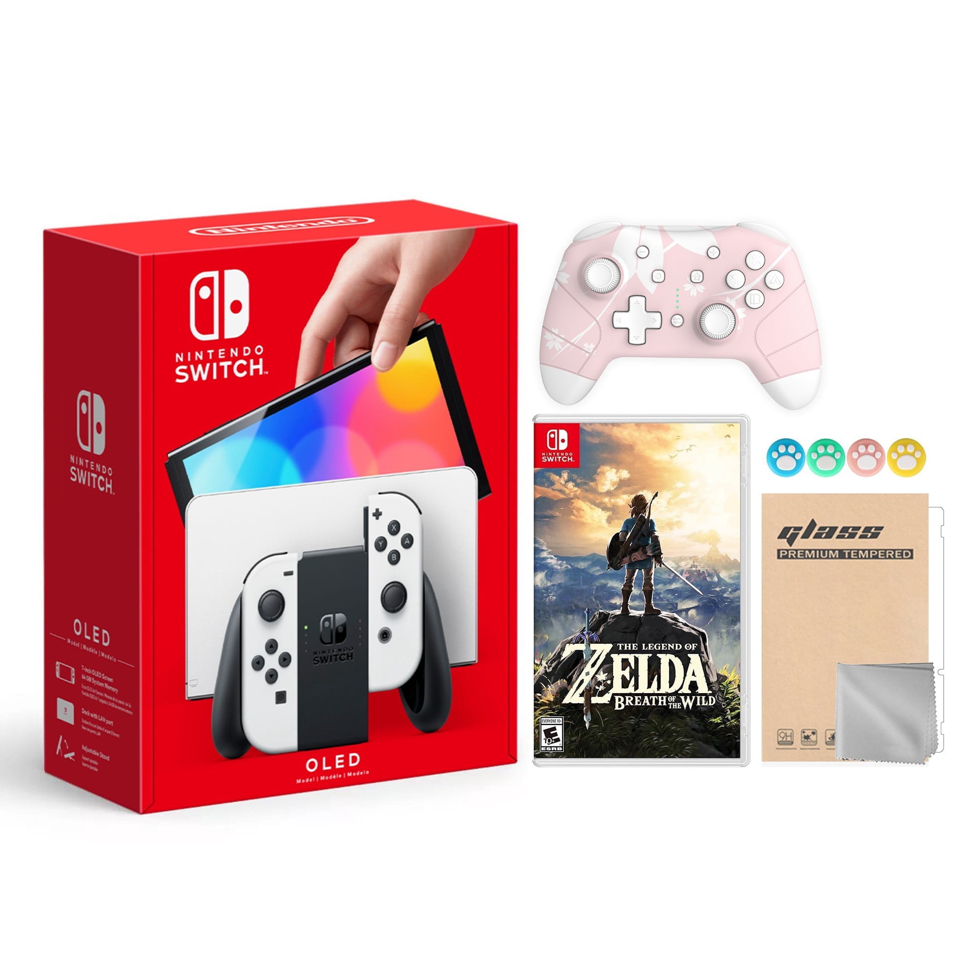 Nintendo Switch OLED Model White Joy Con 64GB Console Improved HD Screen & LAN-Port Dock with The Legend of Zelda: Breath of the Wild And Mytrix Wireless Pro Controller and Accessories