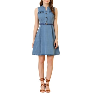 INSPIRE CHIC Robe-Chemise en Denim Sans Manches à Col en V avec Ceinture, Coupe Évasée, pour Femme, P Bleu