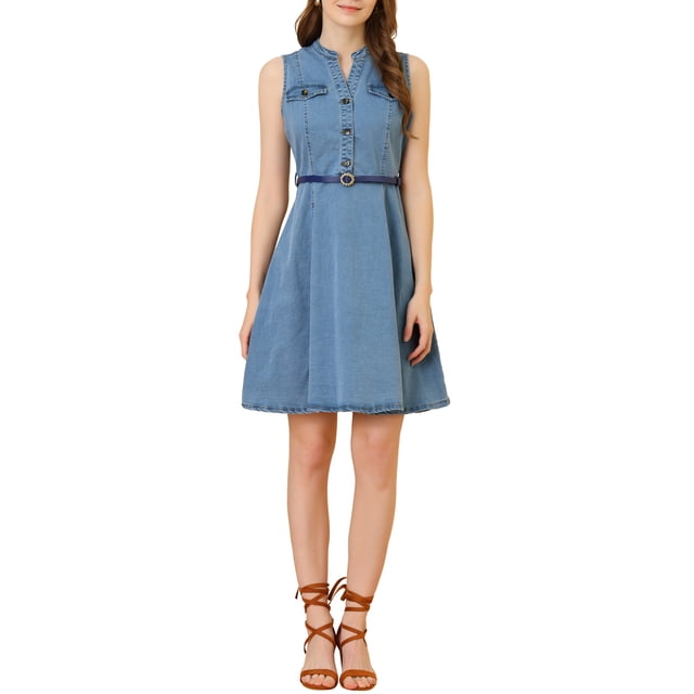 INSPIRE CHIC Robe-Chemise en Denim Sans Manches à Col en V avec Ceinture, Coupe Évasée, pour Femme, m Bleu