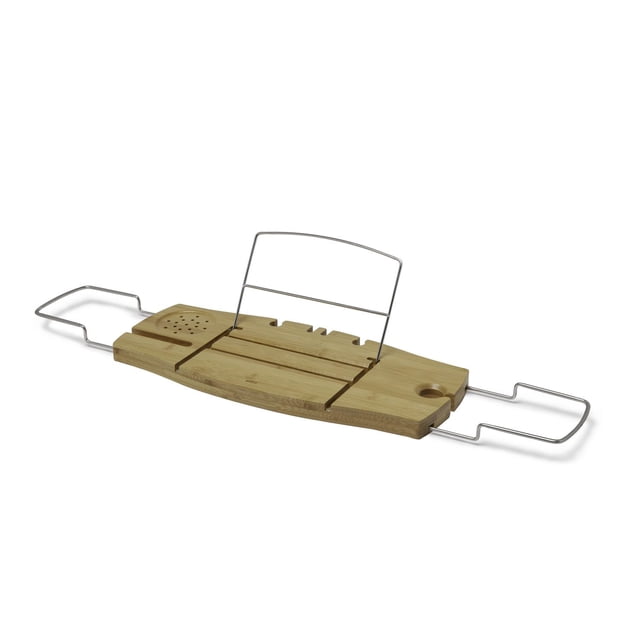 Umbra Aquala Bath Caddy made of bamboo with extendable metal handles, featuring a central adjustable metal book or tablet holder, a circular wine glass holder on one side, and a perforated soap dish on the other, designed to organize bath essentials and enhance relaxation.