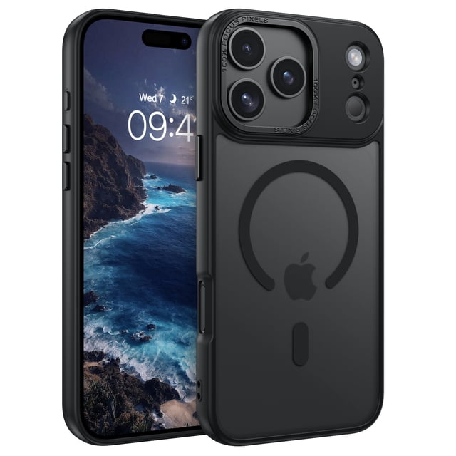 DOMAVER Magnetic iPhone 17 Pro Max Case 6.9-inch in black, designed for MagSafe compatibility and featuring a slim fit matte translucent cover. This shockproof cellphone case includes anti-yellowing technology, raised edges for screen and camera protection, and precise cutouts for buttons, ports, and speakers.