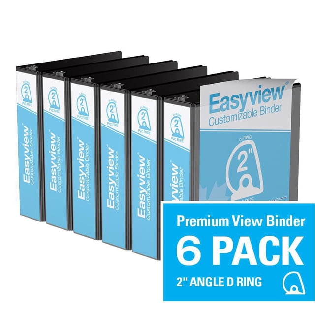Davis Group Easyview Premium 2" D Ring Customizable View Binder 6 Pack showing six black binders with clear overlay front covers and spines for easy customization, back-mounted rings that allow pages to lie flat, made from durable PVC-free polypropylene and recycled board, suitable for organizing presentations, manuals, and reports.